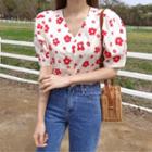 Puff-sleeve Floral Blouse Red - One Size