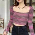 Long-sleeve Square-neck Striped Knit Top Purple - One Size