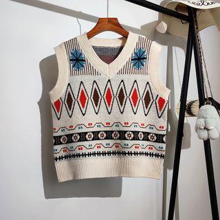 V-neck Argyle Knit Vest Off-white - One Size