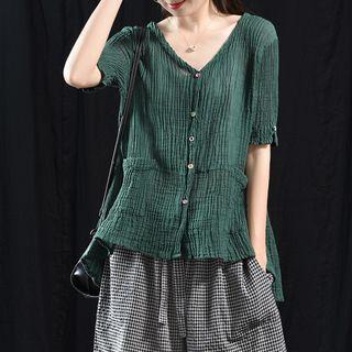 Elbow-sleeve Crinkled Buttoned Top