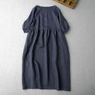 Puff-sleeve Linen Midi A-line Dress
