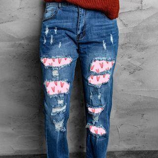 Print Panel Distressed Straight Leg Jeans