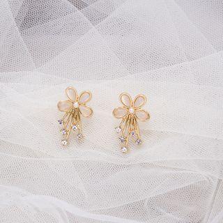 Flower Cat Eye Stone Rhinestone Earring 1 Pair - E1077-1 - Gold - One Size