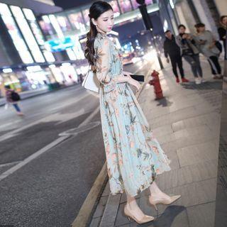 Floral Ruffle Trim 3/4-sleeve Midi A-line Dress