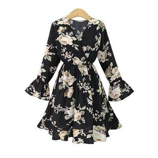 V-neck Flower Print Long-sleeve A-line Dress