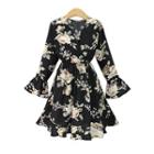 V-neck Flower Print Long-sleeve A-line Dress
