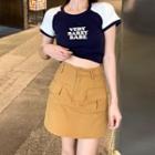Short-sleeve Lettering Cropped T-shirt / Mini Pencil Skirt