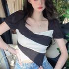 Short-sleeve Square-neck Striped Crop Top