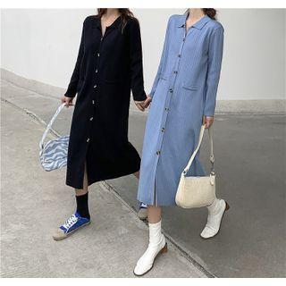 Long-sleeve Button-up Midi Knit Collared Dress