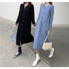 Long-sleeve Button-up Midi Knit Collared Dress