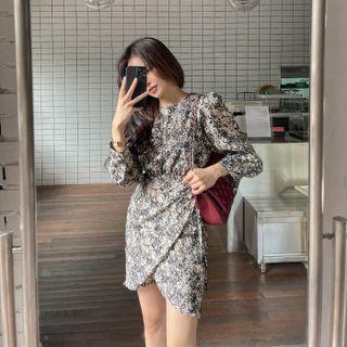 Puff-sleeve Printed Mini Wrap Dress