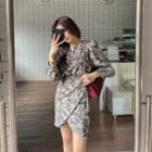 Puff-sleeve Printed Mini Wrap Dress