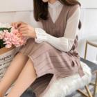 Set: Flared-cuff Blouse + V-neck Knitted Long Vest