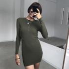 Plain Single-breasted Long-sleeve Knit Dress