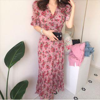 Floral Short-sleeve Ruffle Hem Midi Dress As Shown In Figure - One Size