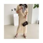 Cable-knit Set: Elbow-sleeve Top + H-line Maxi Skirt Light Beige - One Size
