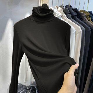 Plain Turtleneck Fleece-lined Long-sleeve Top