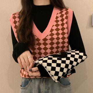 Set :plaid Vest + High-neck Long-sleeve Top