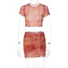 Set: Short-sleeve Print Mesh Crop Top + Mini Pencil Skirt