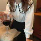 Lantern-sleeve Pleated Collared Blouse White - One Size