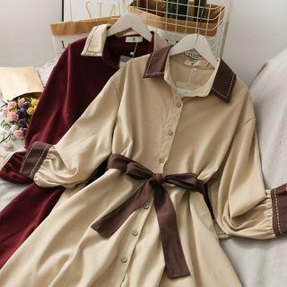 Stitched Colorblock Midi Shirtdress With Sash
