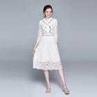 3/4-sleeve Double Breasted Lace A-line Midi Dress