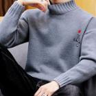 Half Turtleneck Embroidered Sweater / V-neck Long-sleeve Knit Top