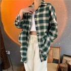 Long-sleeve Polo-collar Plaid Medium Long Shirt Green - Plaid - One Size
