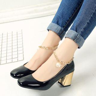 Ankle Chain Block Heel Pumps