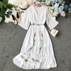 V-neck Embroidered Lace-trim Dress