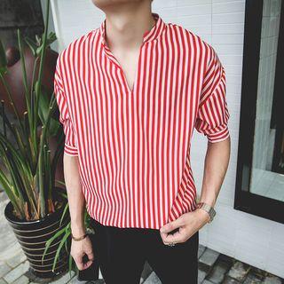 Striped Elbow Sleeve Split Neck Shirt