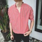Striped Elbow Sleeve Split Neck Shirt