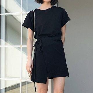 Plain Short Sleeve Tie Waist T-shirt Dress Black - One Size