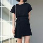 Plain Short Sleeve Tie Waist T-shirt Dress Black - One Size