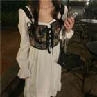 Long-sleeve Midi A-line Dress / Floral Print Lace-up Camisole Top