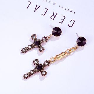 Retro Rhinestone Cross Dangle Earring Clip On Earring - Black & Gold - One Size