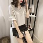 Elbow-sleeve V-neck Fringe Chiffon Blouse