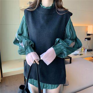 Balloon-slit-sleeve Striped Shirt / Knit Vest