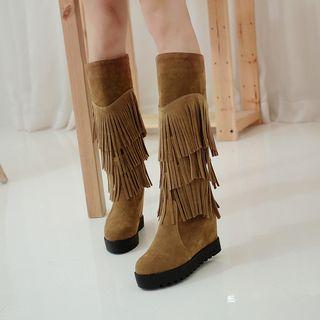 Fringed Wedge-heel Knee-high Boots