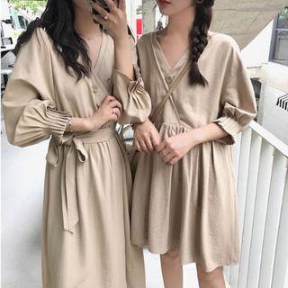 Pintuck-sleeve A-line Midi Dress With Sash