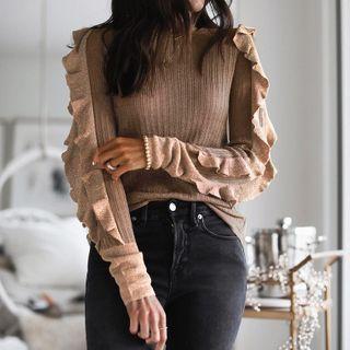 Ruffled Long-sleeve Ribbed Sweater