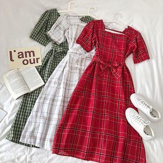 Color-block Plaid Lace-up Short-sleeve Dress