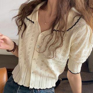 Short-sleeve Collared Cropped Cardigan White - One Size