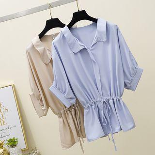 Elbow-sleeve Tie-waist Plain Shirt