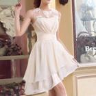 Illusion Neckline Asymmetric Hem Cocktail Dress