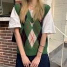 Argyle Knit Vest / Short-sleeve Plain T-shirt / Long-sleeve Plain Shirtdress