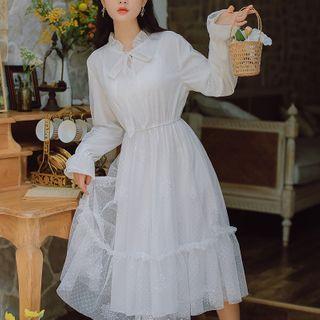 Puff-sleeve Dotted Midi A-line Mesh Dress