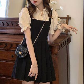 Puff-sleeve Mock Two Piece Pleated Dress