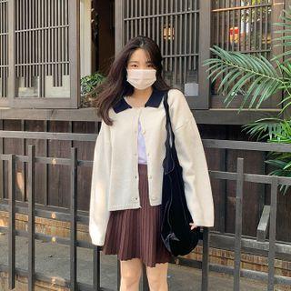 Contrast-collar Woolen Cardigan