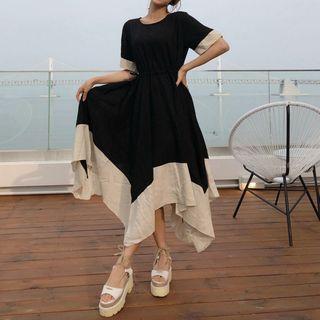 Two-tone Short-sleeve A-line Hanky Hem Dress